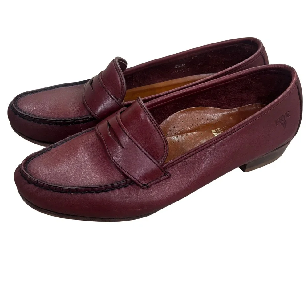 Frye Womens Burgundy Leather Penny Loafers Handsewn Made in USA Oxblood 8.5M
